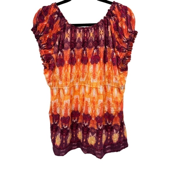 LizWear Orange Red Batik Polyester Short Sleeve Peasant Top Size XXL - Picture 3 of 4